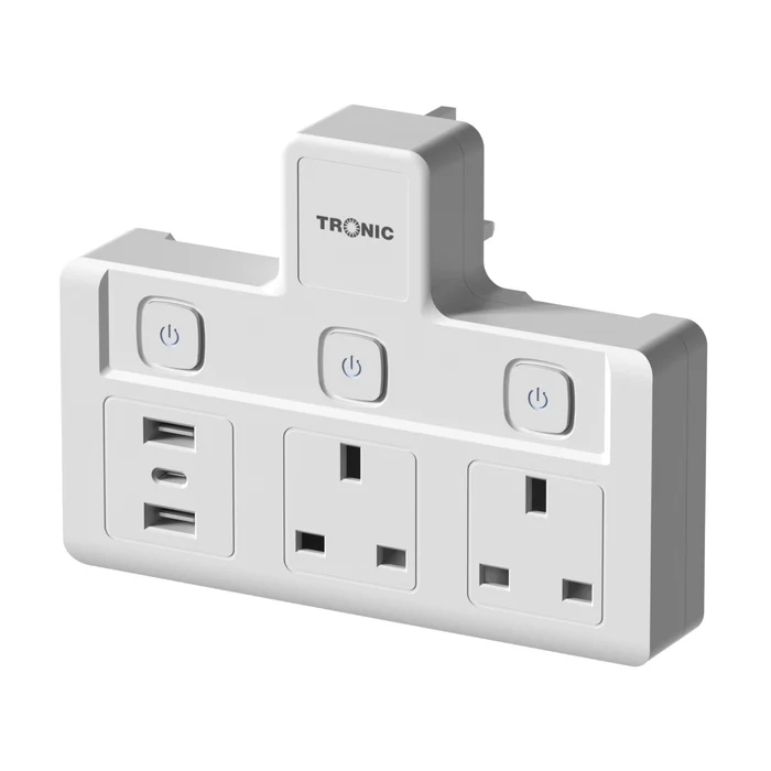 ADAPTOR SOCKET 2G 2WAY UK PLUG TOP 2USB+1USB-C