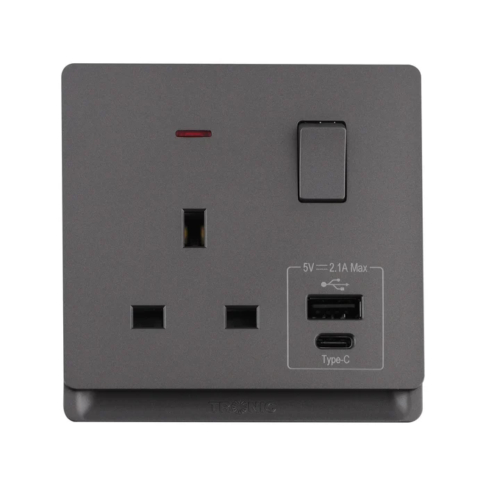 Tronic 13A Switch Socket Single Neon USB GREY TD 5113-UB-GY