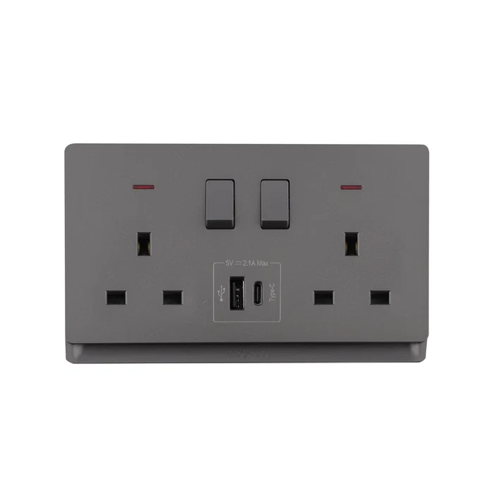 SOCKET 2GANG 13A TYPE C NEON GRAY