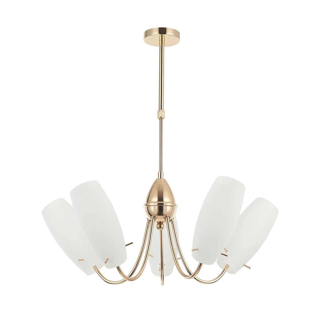 5-Light Golden Chandelier with White Glass Shades