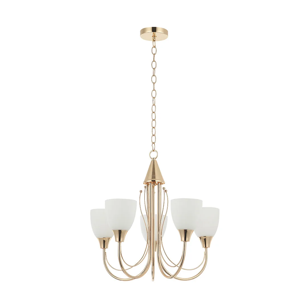 Elegant 5-Light Golden Chandelier with White Glass Shades
