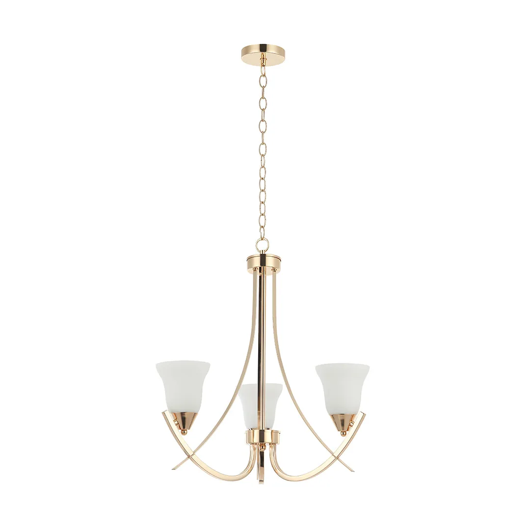 Golden 3-Light Chandelier with Curved Arms and Frosted Glass – E27