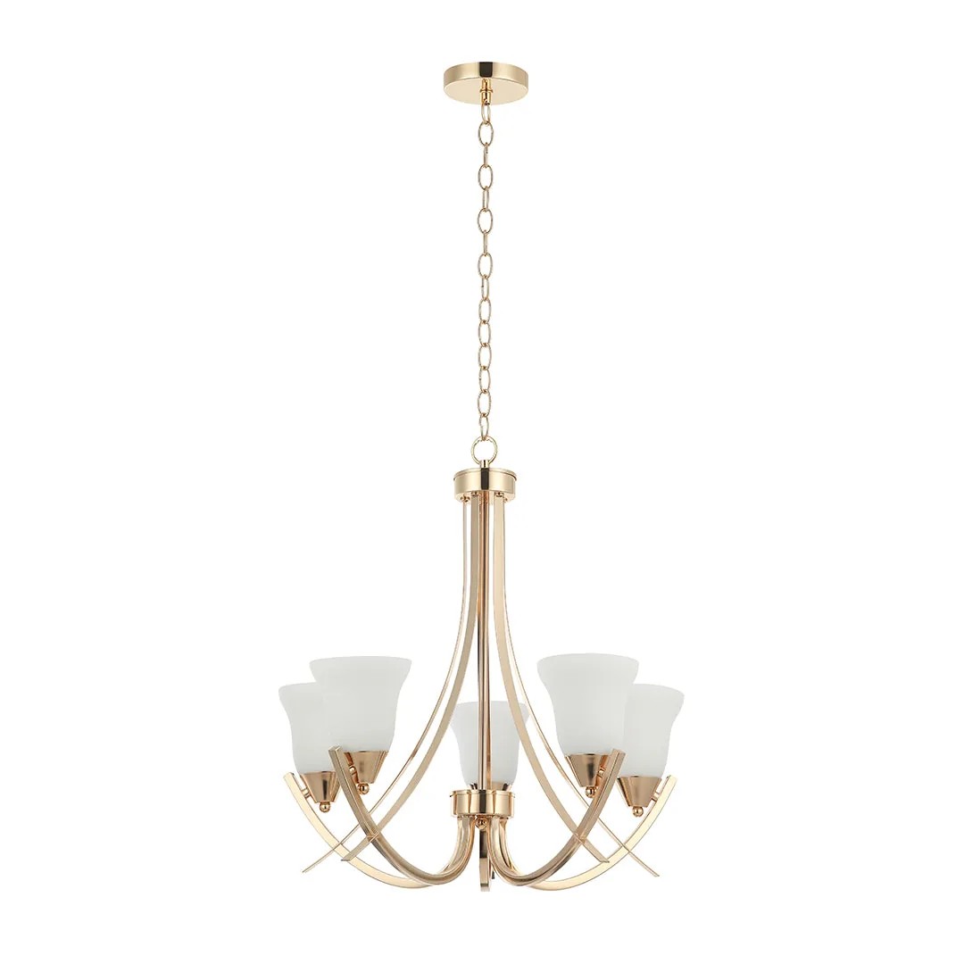 Golden 5-Light Chandelier with Curved Arms and Frosted Glass – E27
