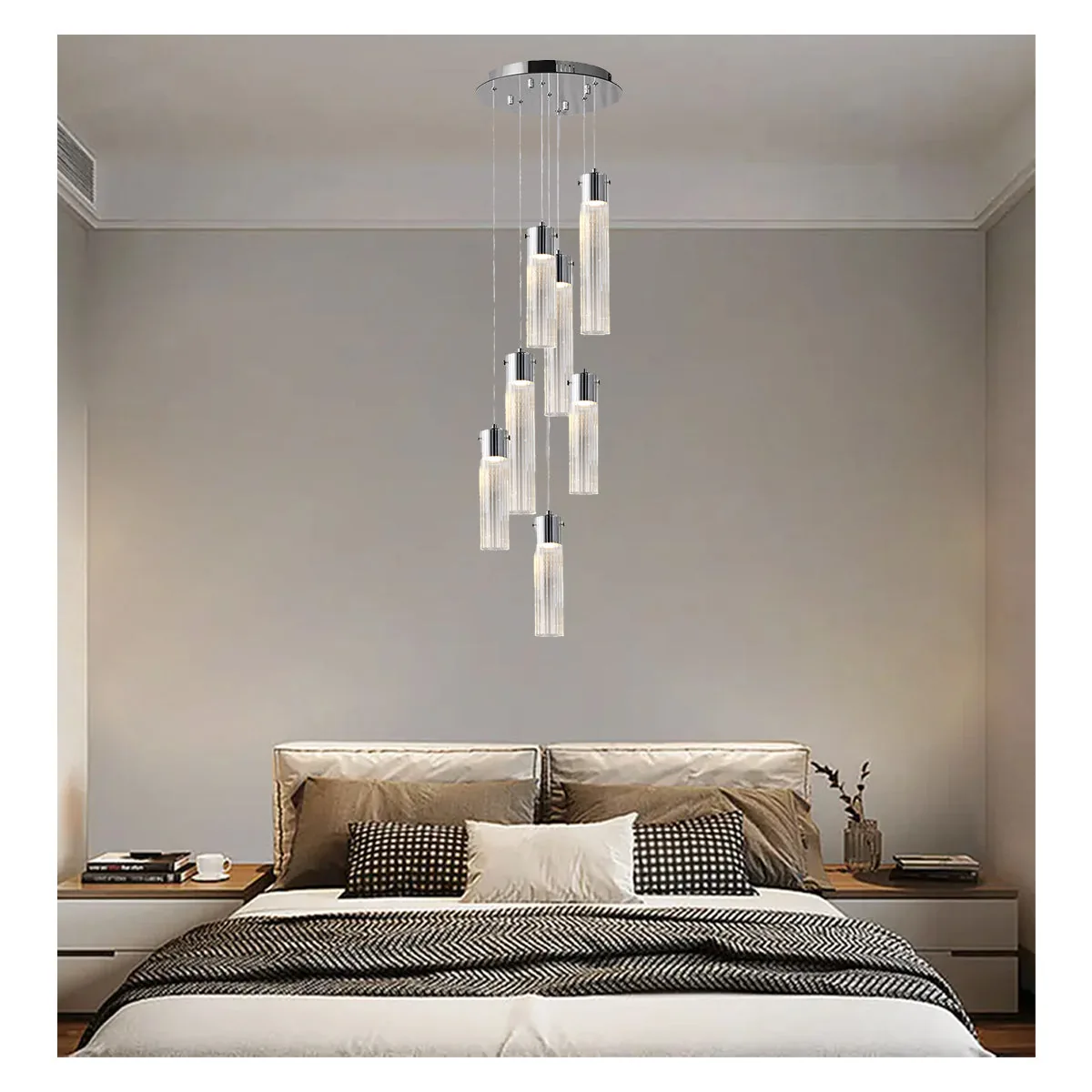 Modern Glass Cylinder Pendant Chandelier 7 Lamp