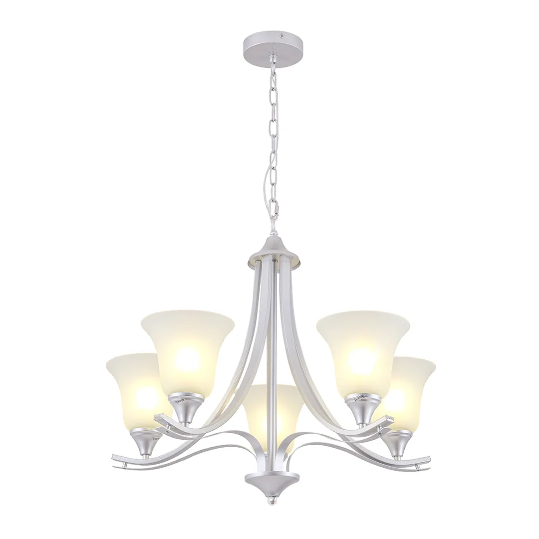 Silver 5-Arm Chandelier with Frosted Glass Shades (E27)
