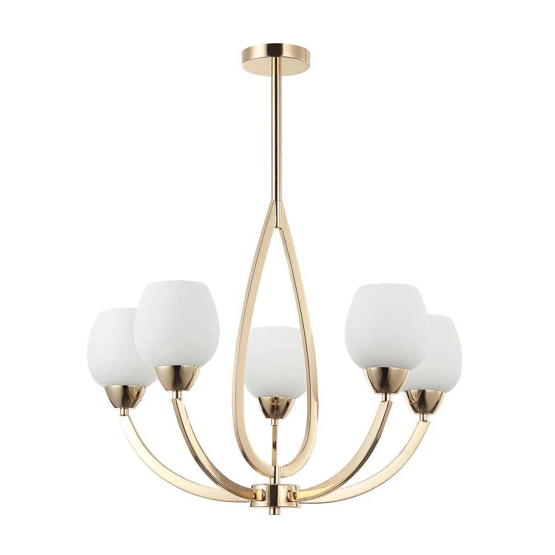 Gold & White 5-Light Pendant with Frosted Glass Shades