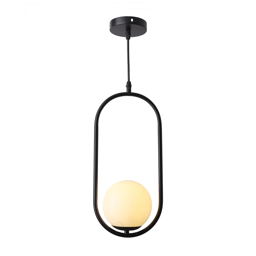 Modern Black Pendant with Oval Frame & White Globe