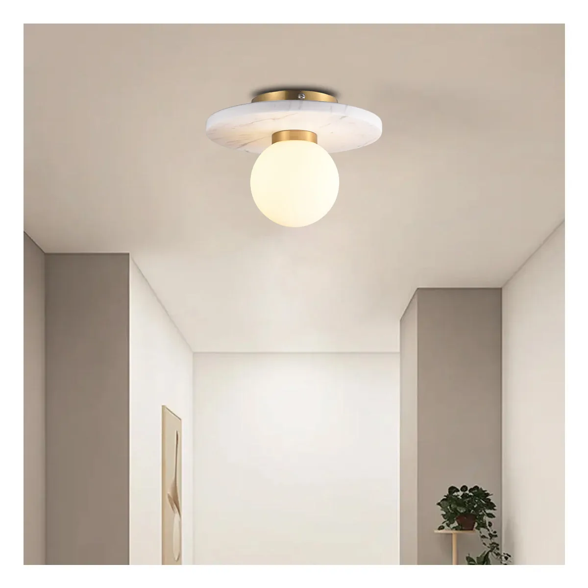 Modern Marble and Brass Ceiling Light with Frosted Glass Globe