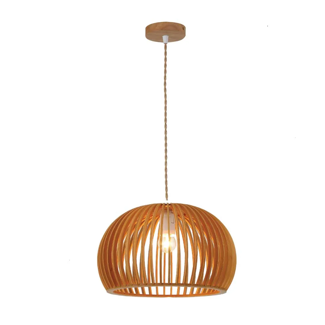 Natural Wooden Slatted Dome Pendant Light
