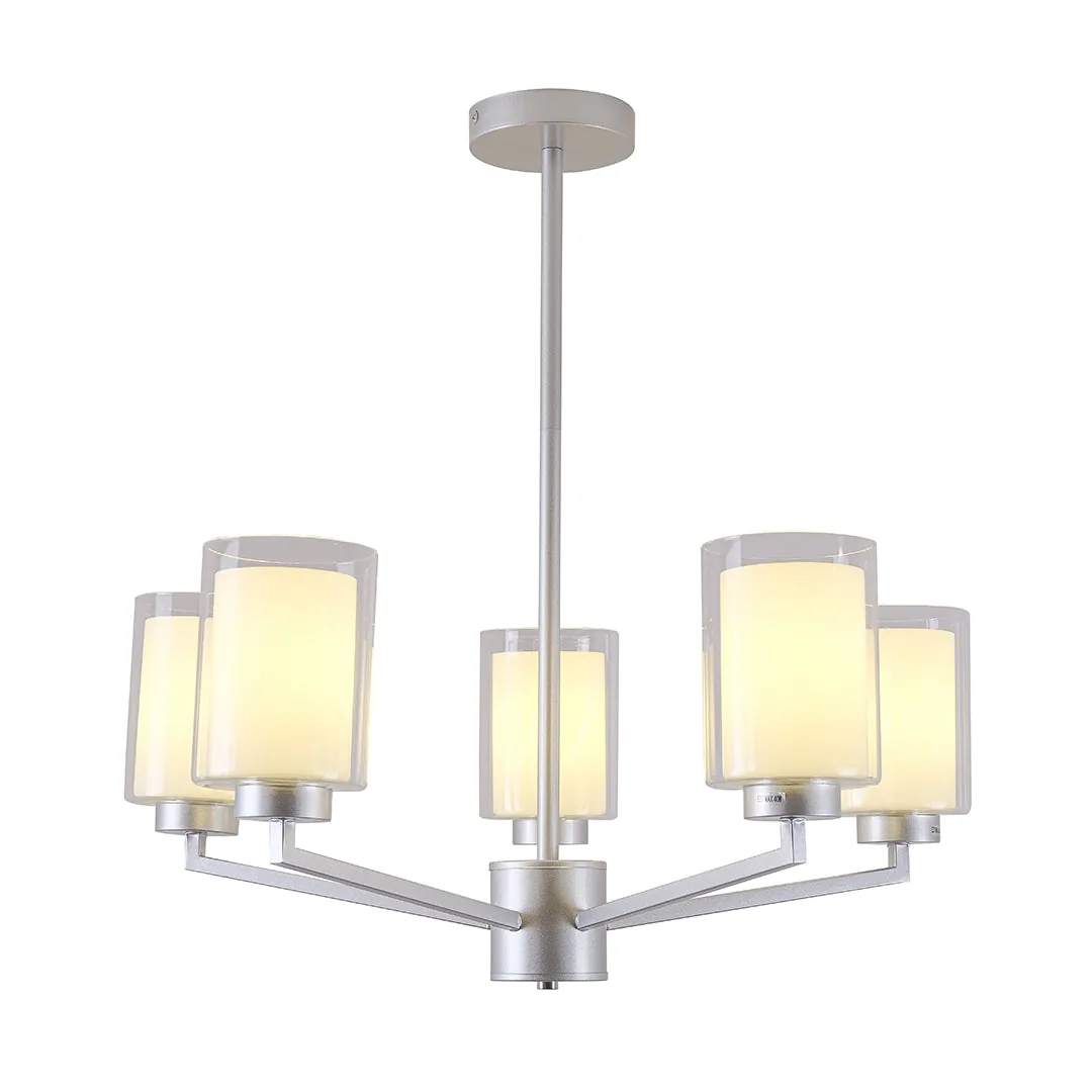 Silver 5-Light Pendant Lamp with Frosted Cylindrical Shades (E27)
