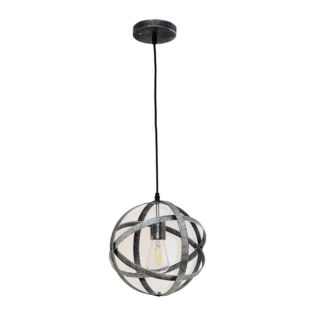 Silver Orb Pendant Light with Textured Metallic Bands