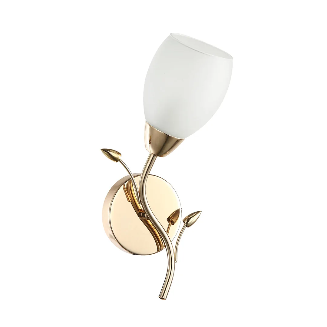 Decorative Golden Wall Light with Leaf Accent & Frosted Glass