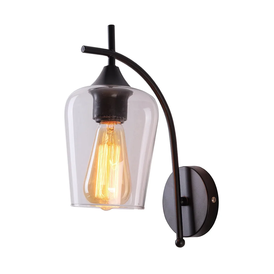 Clear Glass Wall Fixture with Curved Black Arm