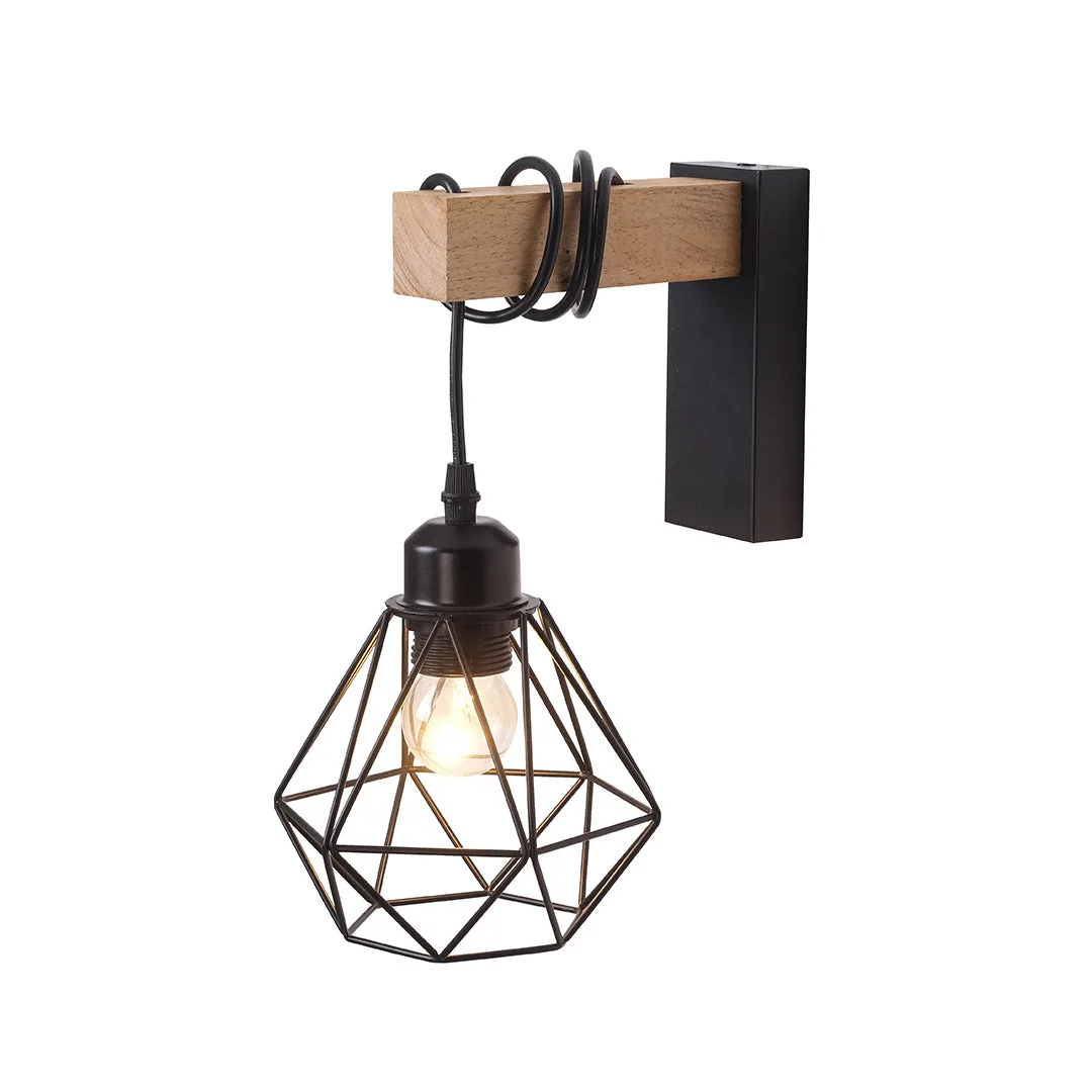 Geometric Black wall Light with Wooden Accent
