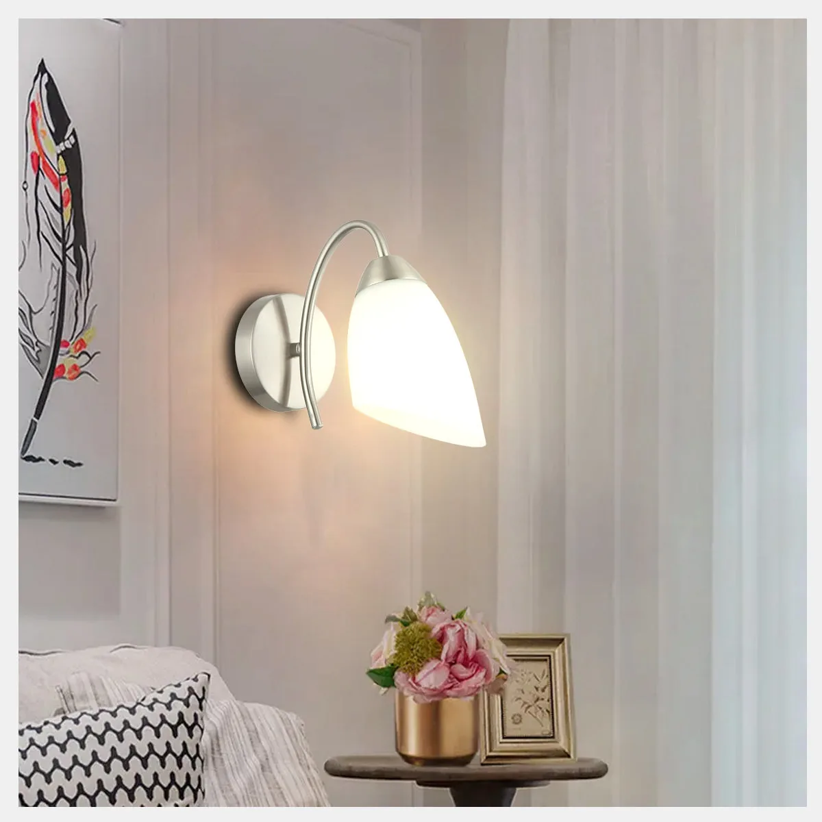 Modern Wall Light Fixture with Frosted Glass Shade Silver Metal Finish