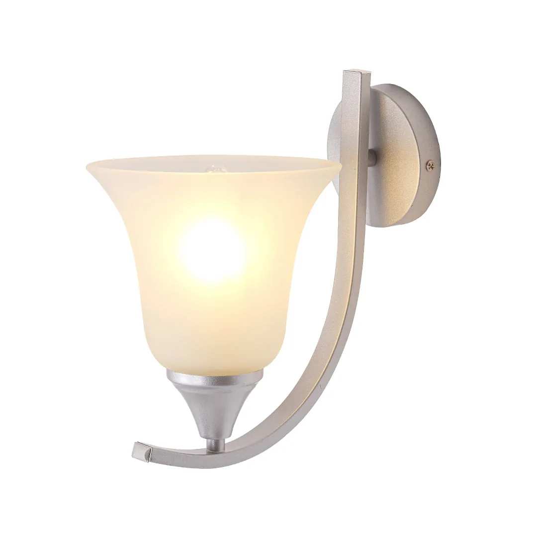 Silver Curved Arm Wall Light with Frosted Glass