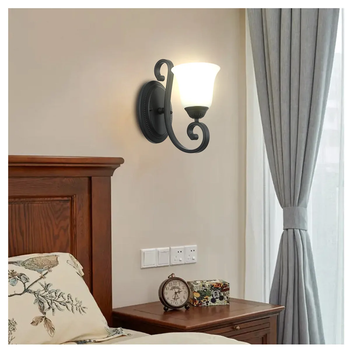 Vintage Black Wall Light with Frosted Glass Bell Shade
