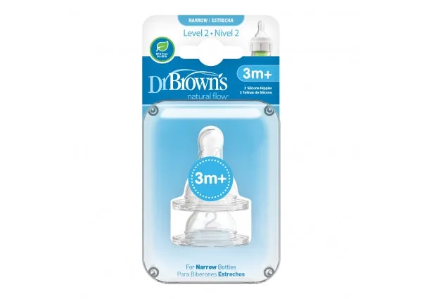 Dr. Brown’s Level 2 Medium Flow Baby Bottle Nipple – Anti-Colic Silicone Teat for Narrow Bottles, 3+ Months