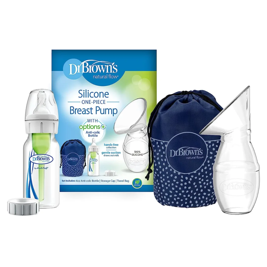 Dr. Brown's Silicone One-Piece Breast Pump & Travel Bag, 150ML Anti-Colic Options+ Baby Bottle, Level 1 Nipple & Travel Lid-BF035