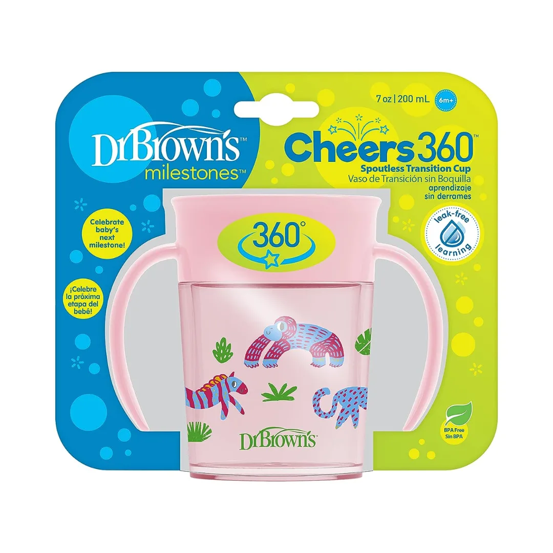 Dr. Brown's Training Sippy Cups Cheers 360â¢ with Handles Pink Animal Deco, 200ML, 6m+-TC71005