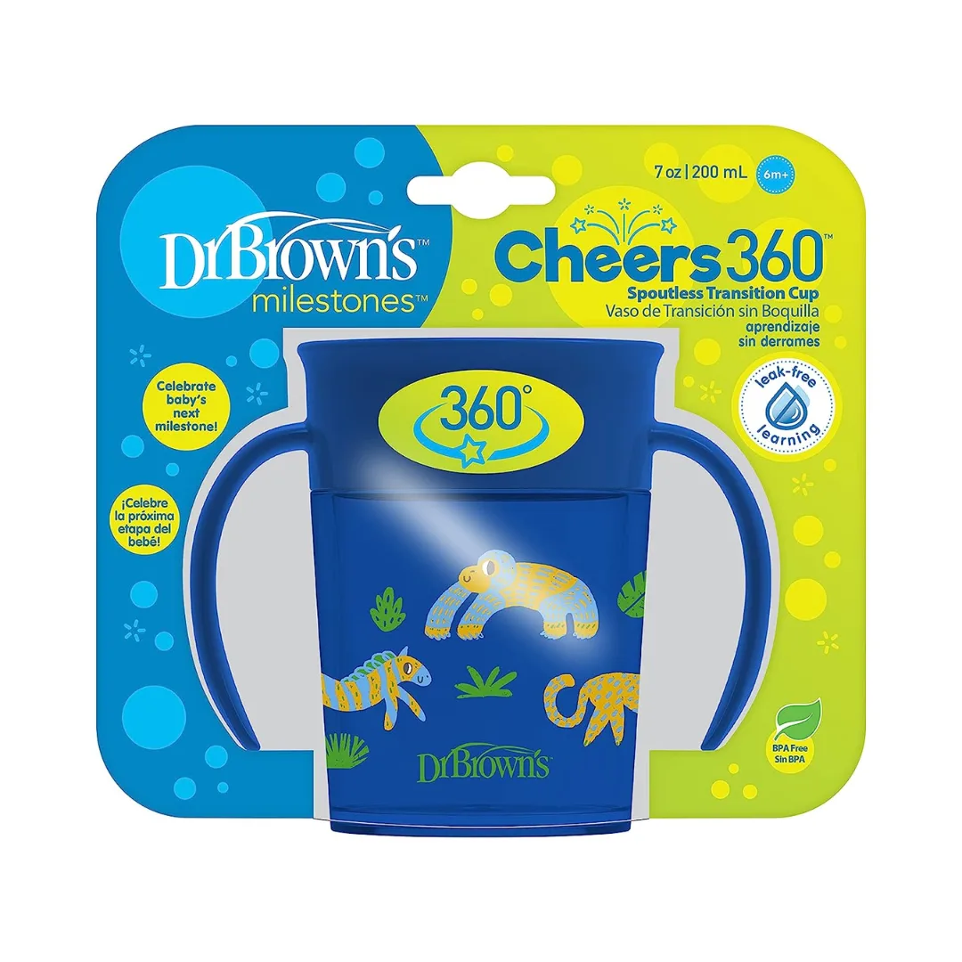 Dr. Brown's Training Sippy Cups Cheers360â¢ with Handles Blue Animal Deco, 200ML, 6m+-TC1006
