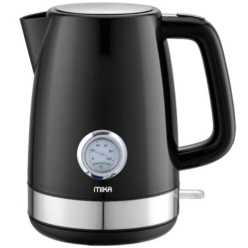 MIKA Kettle, 1.7L, Plastic, 360Âº Cordless, Concealed Element,with Temperature Gauge, Black MKT1701DB