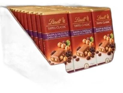 LINDT SWISS C RAISIN & HAZZLENUT 12X100GM