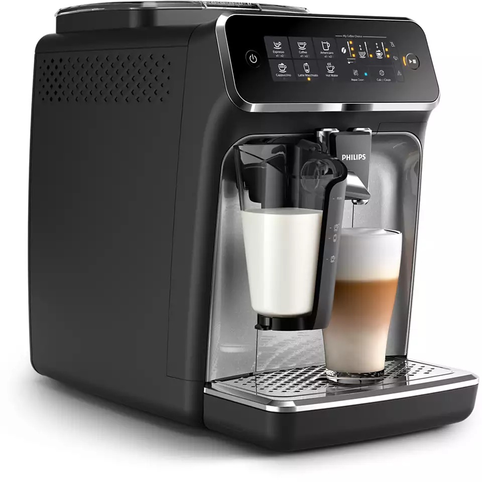 Series 3200 Fully automatic espresso machine, Espresso, Capuccino, Coffe, Latte Machiatto, Americano & Hot Water, intuitive touch display, Adjust aroma strength and quantity, 12-step grinder levels, AquaClean. EP3246/70