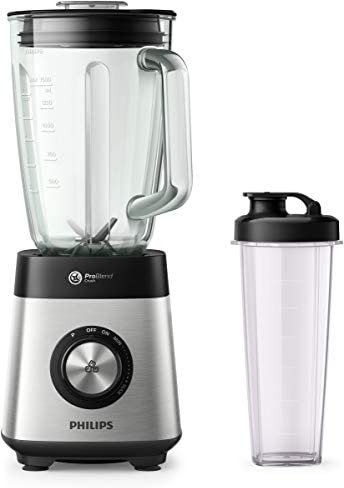Series 5000 metal blender, 1000w, Problend Crush Technology with 6 blades for fine blends, Maximum 2ltr capacity, 1.5ltr working jar capacity. Large ribbed design glass jar, Easy grip control dial with multiple speeds HR3573/91